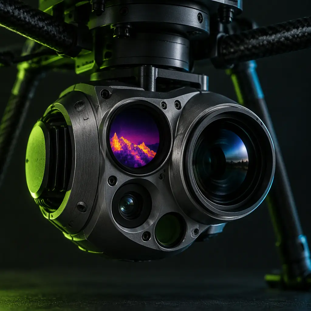 Search and rescue drone gimbal turret with thermal and zoom cameras, machined aluminium housing, dark background with green rim light