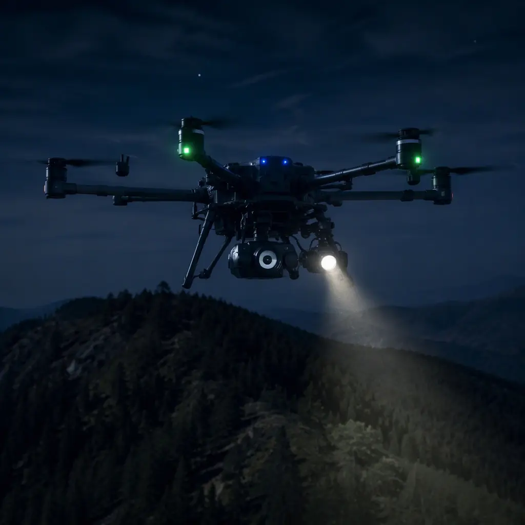 Professional photograph of a rugged industrial UAV with a thermal camera gimbal and searchlight payload hovering low over a dark forested mountain ridge at night, green and blue LED indicator lights on the airframe, cinematic night search atmosphere, photorealistic, no people faces, no text, no logos