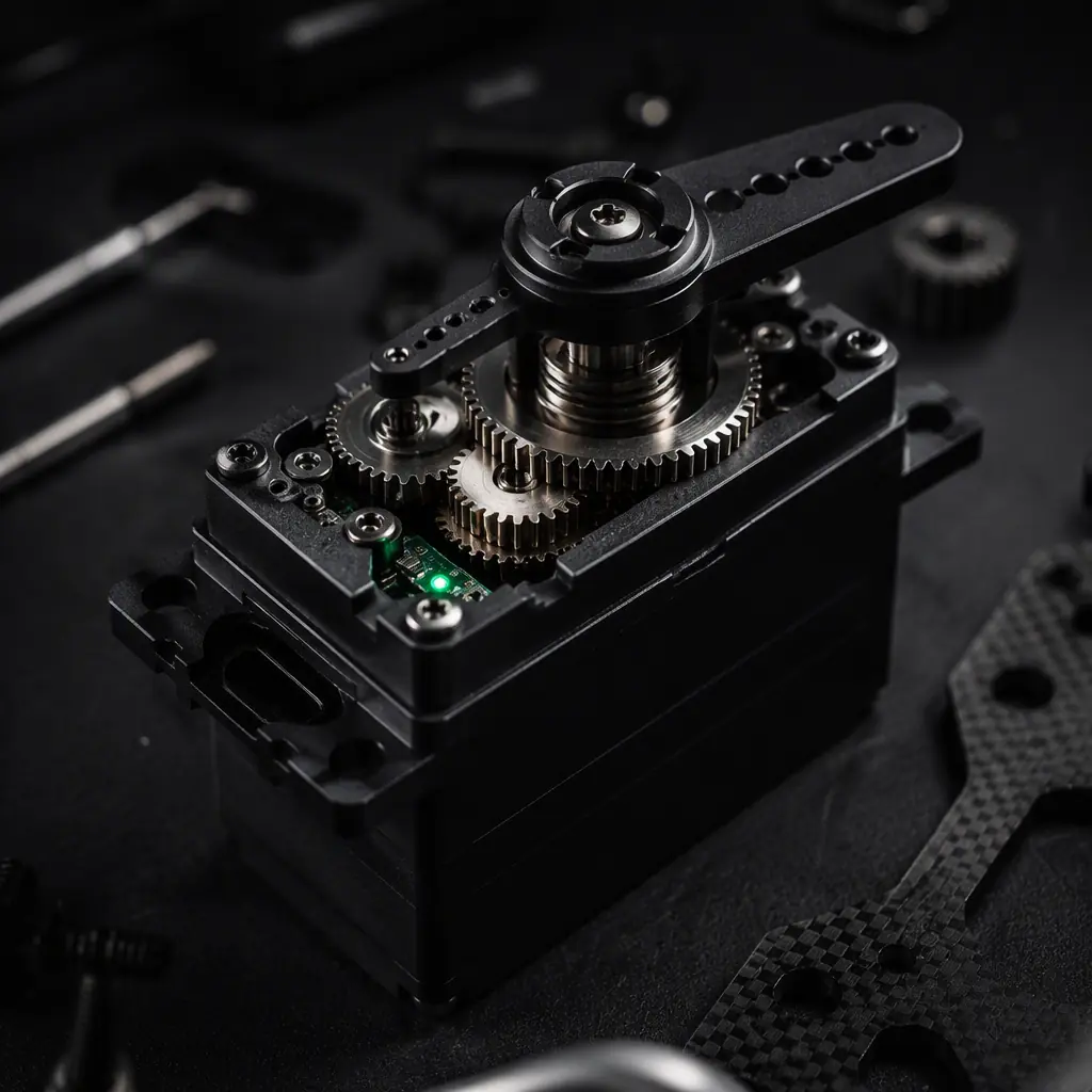 Macro photograph of a high-torque digital UAV servo with an exposed precision metal gear train on a dark engineering workbench, green LED indicator glow, no people faces, no text, no logos