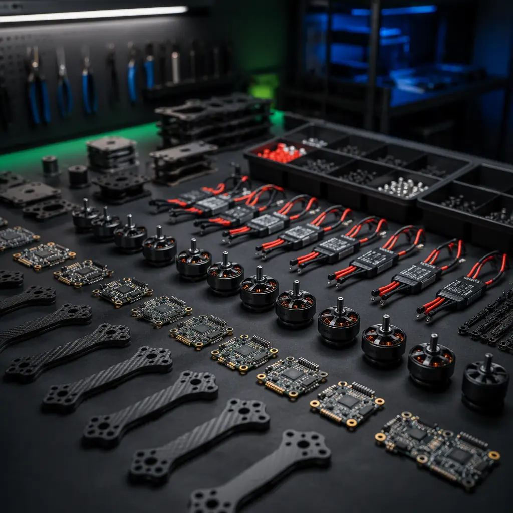 Organized UAV component spares inventory on an engineering workbench — flight controller, ESCs, motors and carbon fiber arms in labeled trays, dark industrial background with green accent lighting, no people faces, no text, no logos