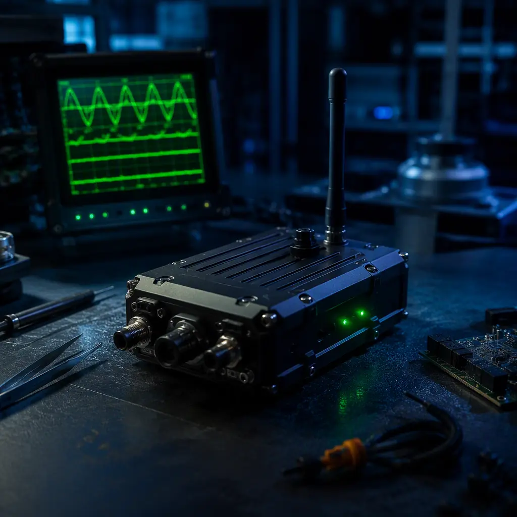 Professional photograph of an industrial UAV radio module on a dark engineering bench, frequency spectrum waveform displayed on a nearby screen, green LED indicators, precision electronics aesthetic, no people faces, no text, no logos