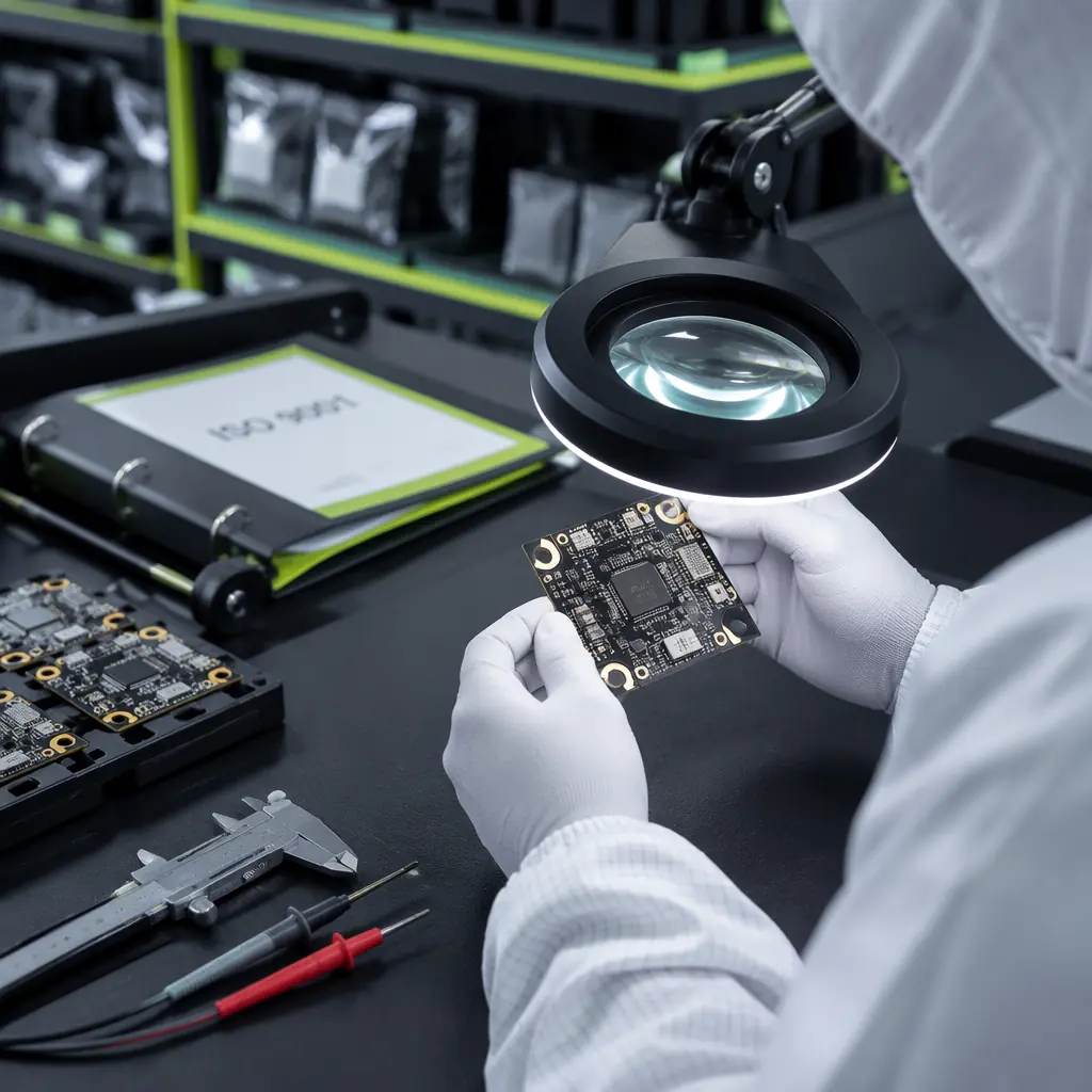Supplier evaluation checklist for UAV component procurement with factory audit, certification and testing icons