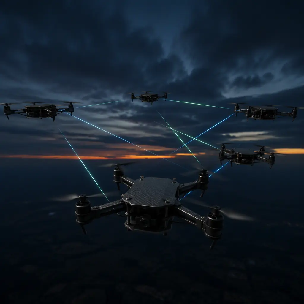 Five compact quadcopter UAVs with dark carbon fiber airframes flying in formation at dusk — thin green and blue light trails suggesting wireless data links between the aircraft, dark cinematic mood, precision engineering aesthetic, no people faces, no text, no logos