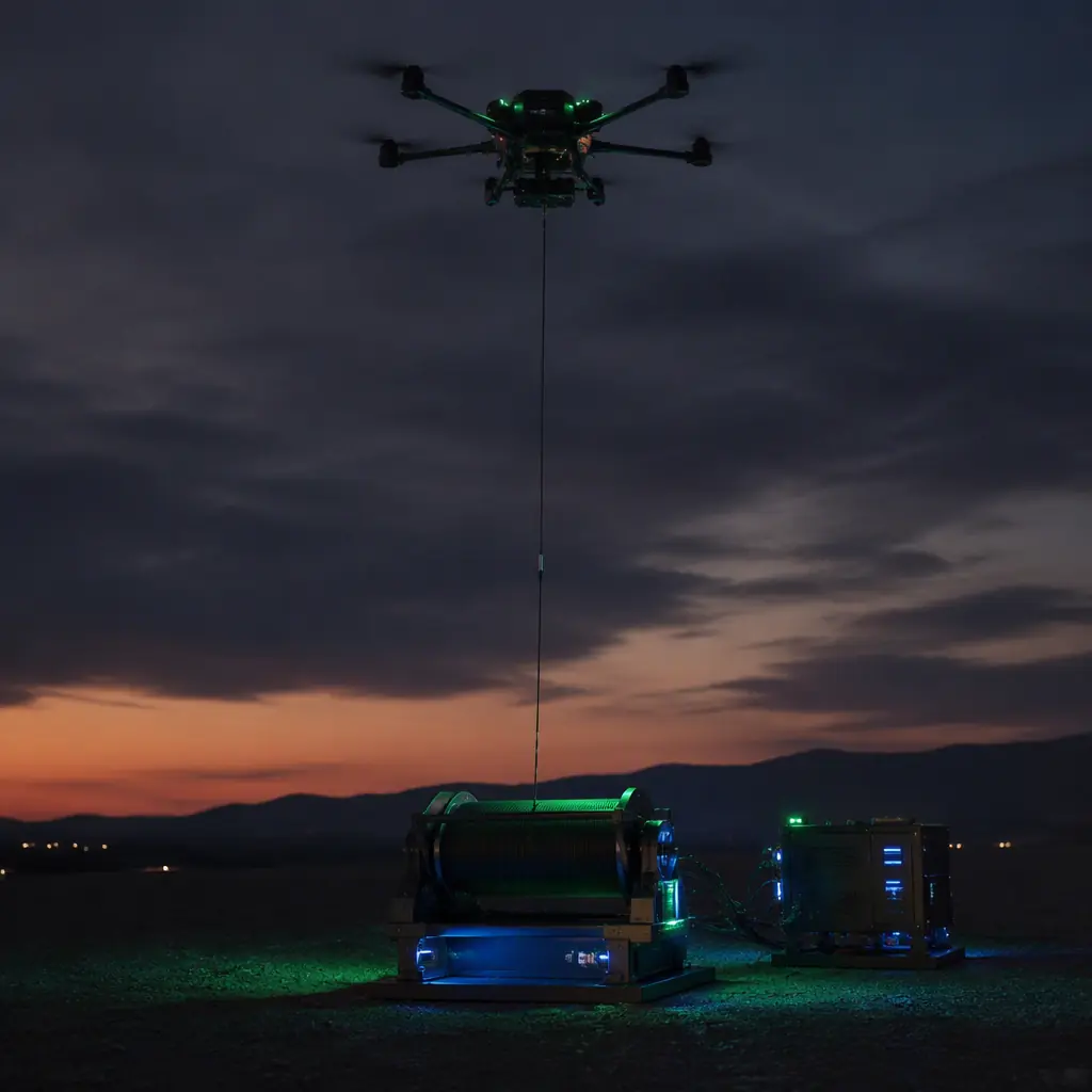Professional photography of a tethered UAV hovering above a ground station with a tether cable running from the aircraft to a winch unit, dusk scene, cinematic engineering photography, no people faces, no text, no logos