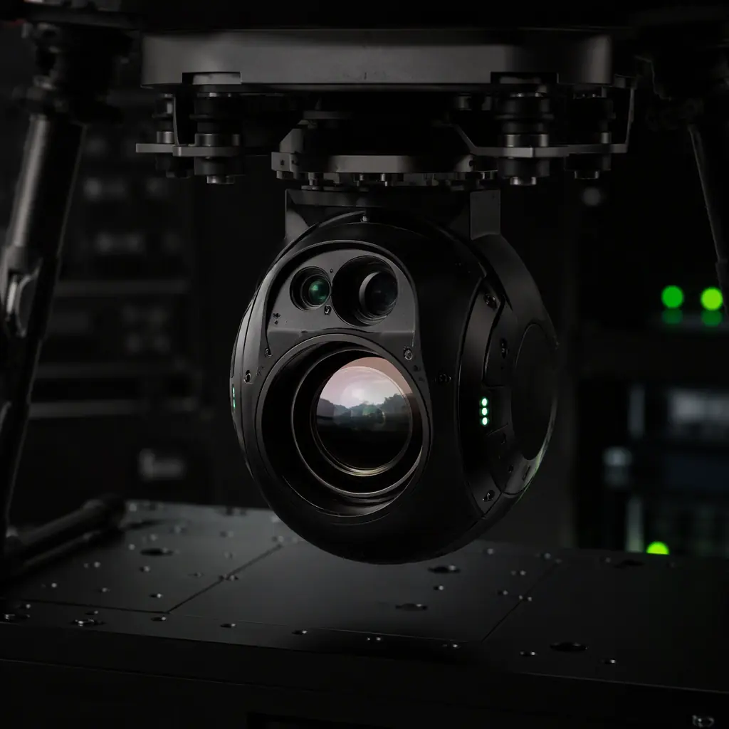 Professional photography of a UAV thermal imaging payload with an infrared camera core and gimbal on a dark engineering bench, green LED indicators, precision optics aesthetic, no people faces, no text, no logos