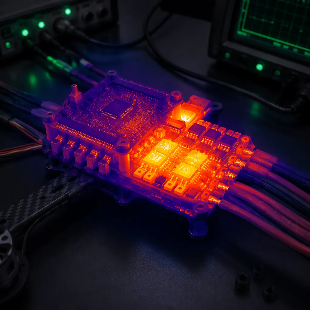 Thermal imaging concept — UAV flight controller and ESC assembly with visible heat distribution, mounted on test bench with thermal interface materials and heatsinks, dark engineering laboratory aesthetic with green accent lighting