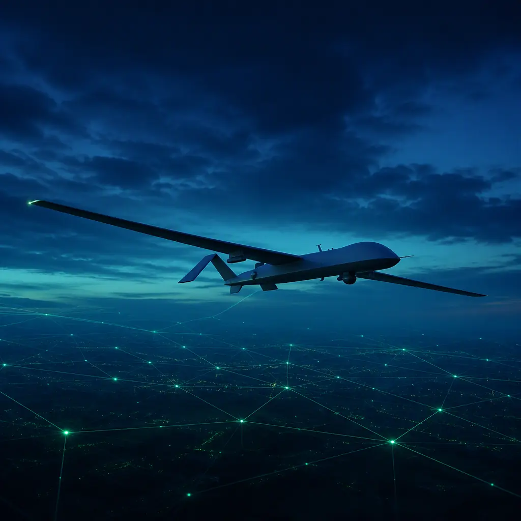 UAV operating in controlled airspace concept — fixed-wing drone silhouette flying under a night sky with subtle network grid lines suggesting airspace integration, dark blue and green toned engineering visualization, professional concept photography, no people faces, no text, no logos