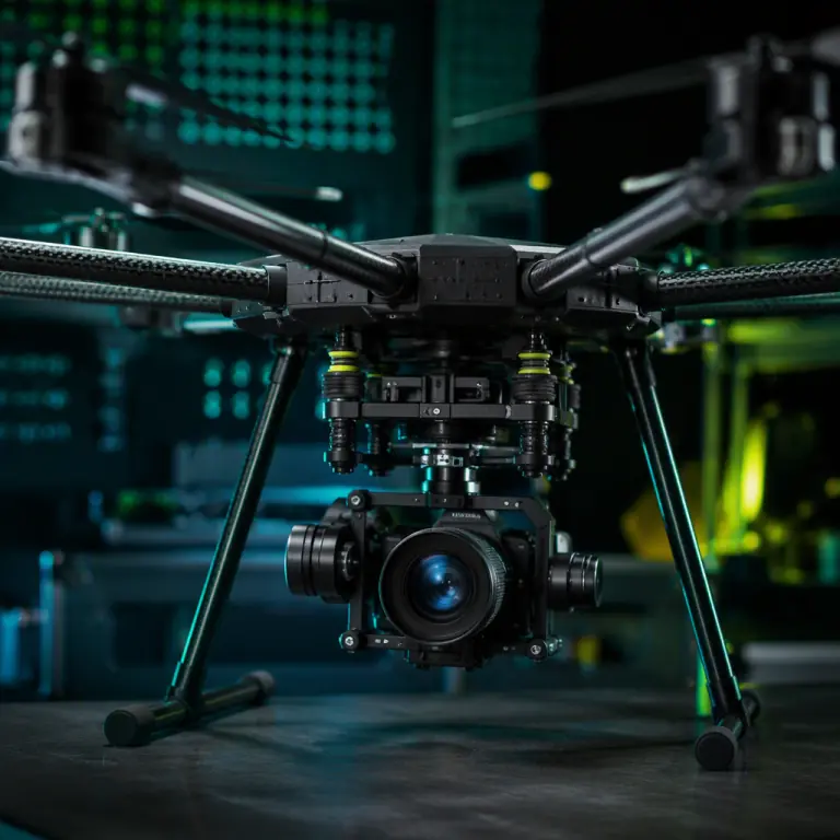 Professional photograph of an industrial octocopter UAV on a dark laboratory workbench, close-up of the camera gimbal suspended beneath the airframe on small cylindrical rubber vibration isolators, teal and lime-green accent lighting, shallow depth of field, photorealistic, no people faces, no text, no logos