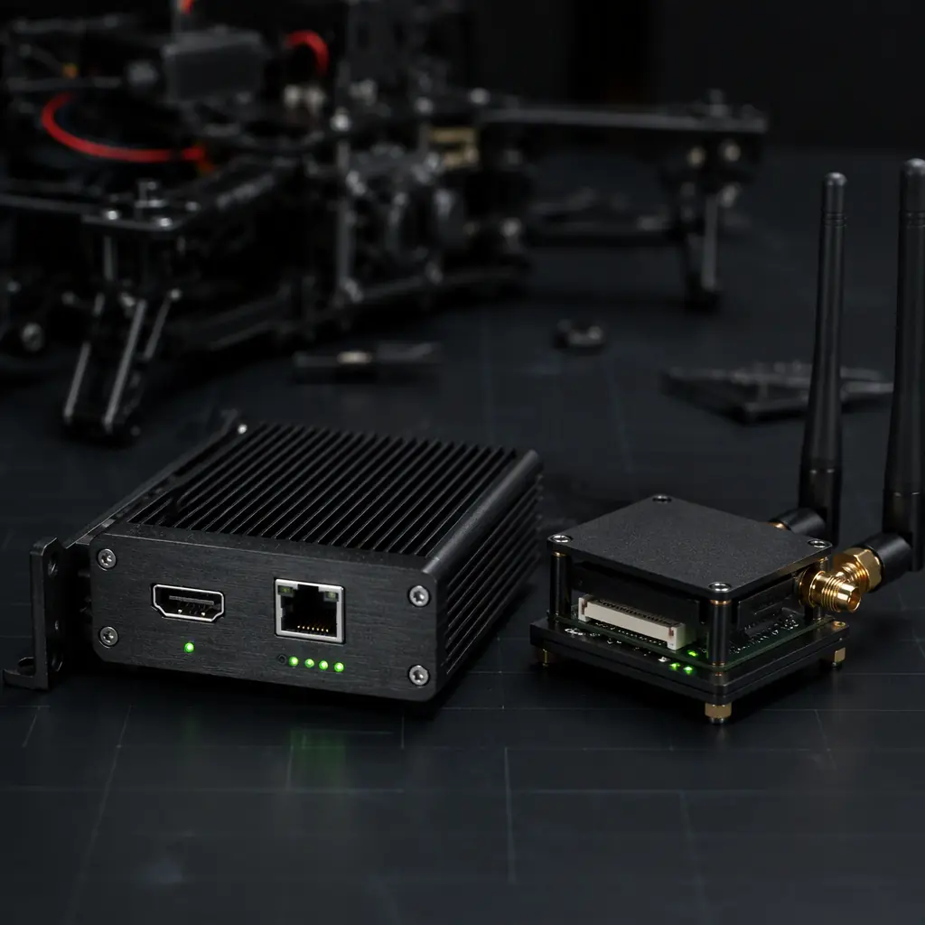 Professional photography of a UAV video encoder module with HDMI and ethernet ports next to a compact LTE module on a dark engineering bench, green LED indicators, precision electronics aesthetic, no people faces, no text, no logos