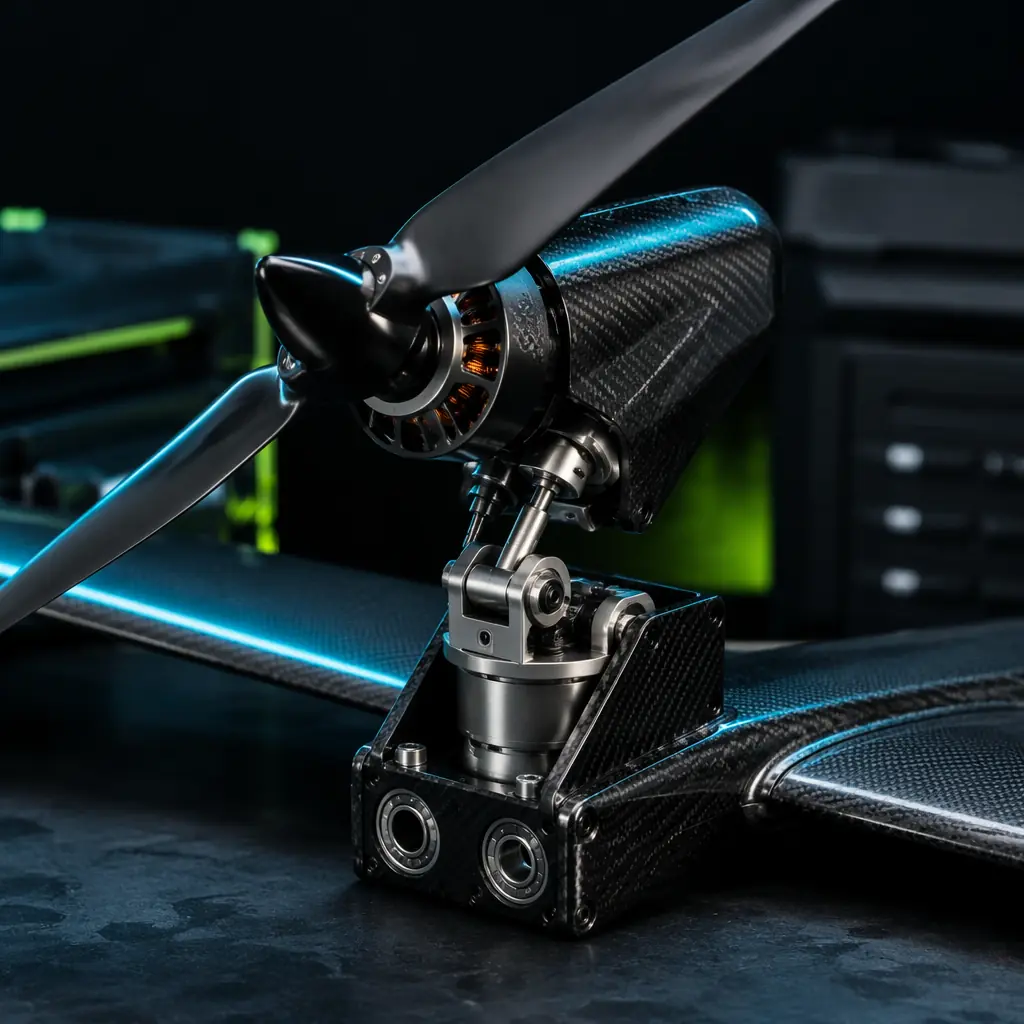 VTOL UAV tilt-rotor mechanism in close-up — brushless tilt servo actuator with carbon fiber rotor pod, dual propulsion nacelle with lift motor and cruise motor visible, dark engineering workshop with green accent lighting, professional aerospace component photography