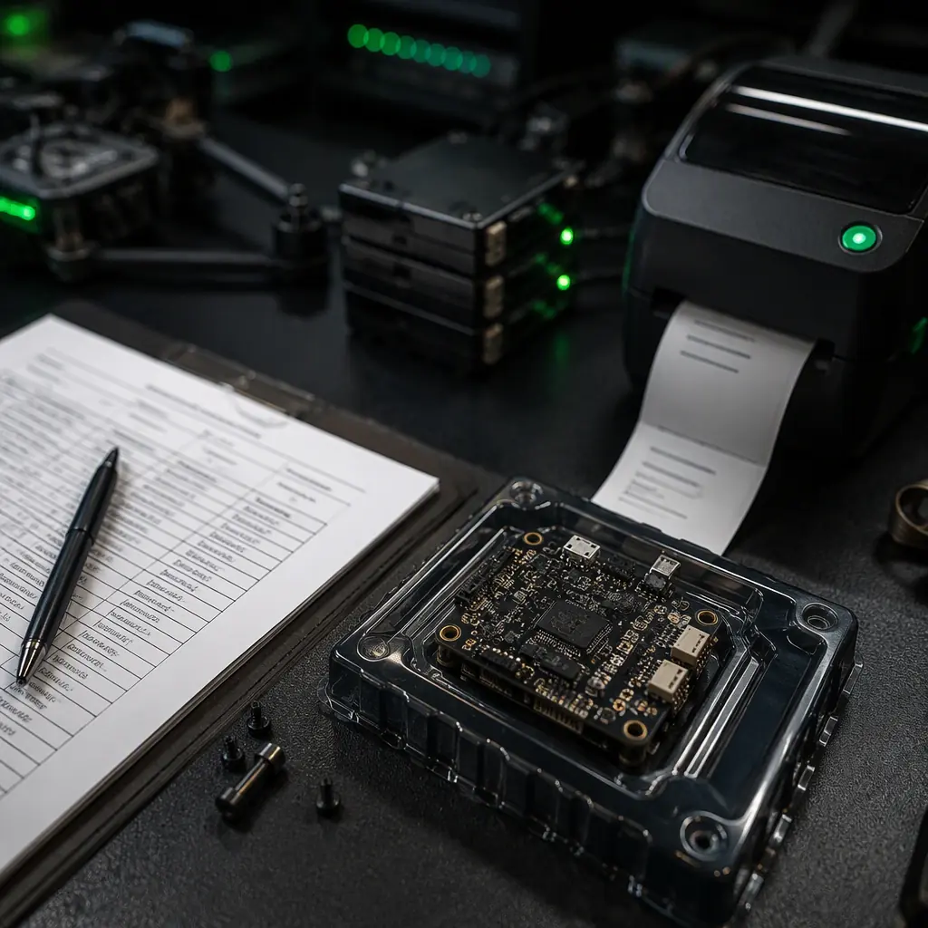 UAV electronic components being inspected and logged for a warranty return on an engineering bench — flight controller in an anti-static tray next to a test log and label printer, dark industrial background with green accent lighting, no people faces, no text, no logos