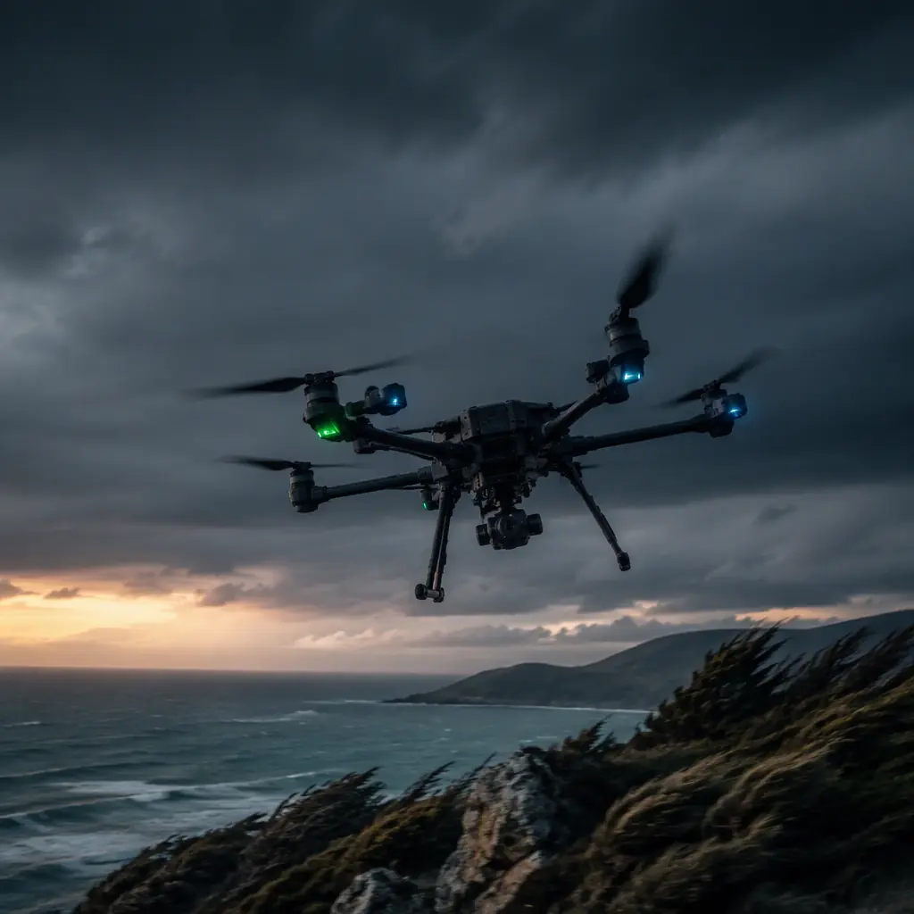 Professional photograph of a multirotor UAV flying against a strong wind over a coastal ridge at dusk, propellers at high angle, dark dramatic sky with green and blue accent tones, no people faces, no text, no logos