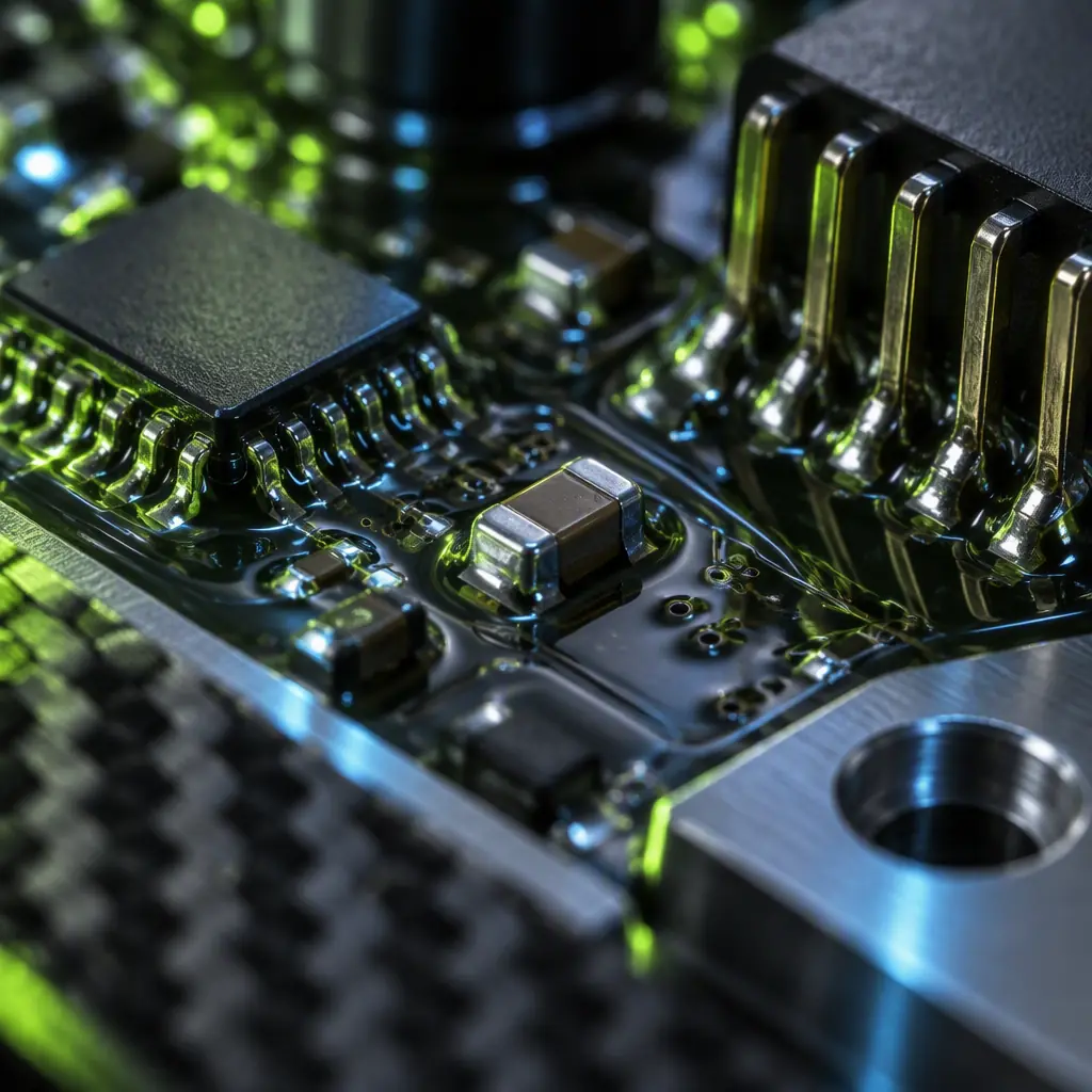 Extreme macro of a printed circuit board coated in clear conformal coating over solder joints and connector pins