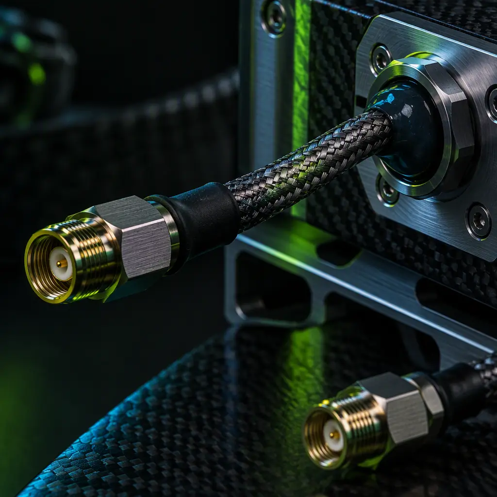 Shielded RF cable assembly with braided screen, precision SMA connectors and a sealed potting gland