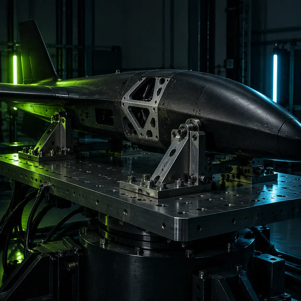 Hardened UAV airframe section mounted on a vibration test shaker table with steel fixture bolts, dim laboratory lighting