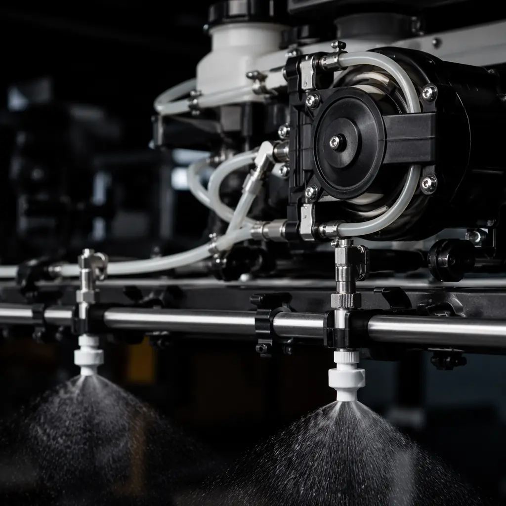 Close-up of agricultural drone spray boom with ceramic nozzles and peristaltic pump system, dark industrial aesthetic with chemical-resistant tubing