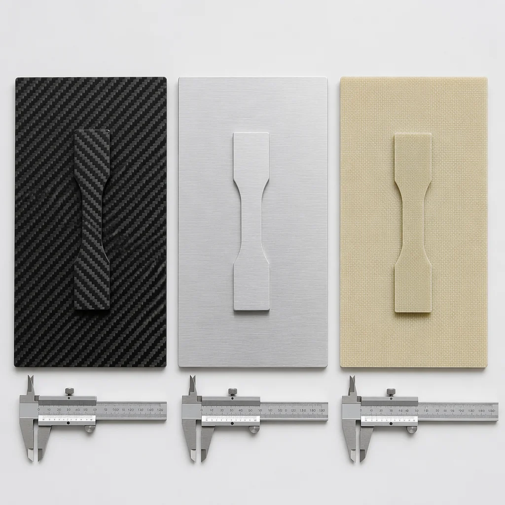 Three UAV airframe material samples side by side — carbon fiber sheet, aluminum 6061 plate, and G10 fiberglass laminate