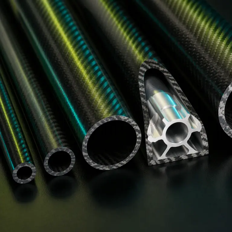Close-up studio photograph of several carbon fiber UAV booms of different diameters and wall thicknesses arranged side by side on a dark surface, a cut section revealing the laminate plies and a machined aluminium root insert, teal and lime green accent lighting, photorealistic, no people faces, no text, no logos