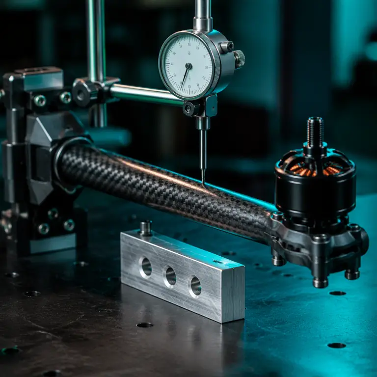 Macro studio photograph of a carbon fiber UAV arm clamped at its root and loaded at the motor end, a dial indicator probe touching the boom surface to measure lateral deflection against a machined aluminium reference block, dark engineering bench, teal accent lighting, photorealistic, no people faces, no text, no logos
