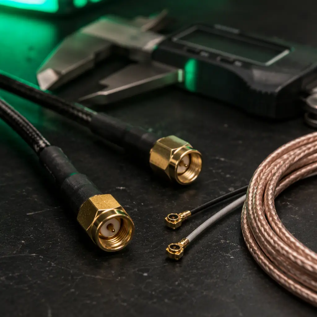 Close-up of UAV RF cable assemblies with SMA and U.FL connectors on a dark bench, coax cable with braided shield visible, calipers beside the connectors, green accent lighting, no people faces, no text, no logos