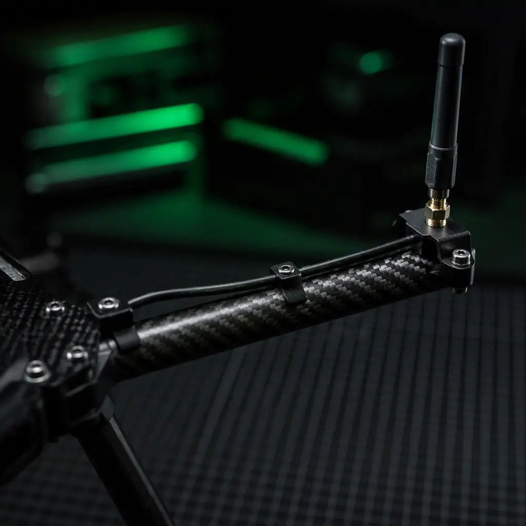 Close-up of a UAV carbon fiber arm with an antenna mounted on a bracket at the arm tip, RF cable routed along the arm, dark workshop background with green accent lighting, no people faces, no text, no logos