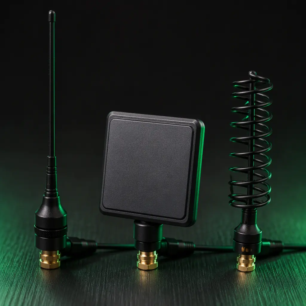 Three UAV antenna types side by side on a dark surface — a whip omnidirectional antenna, a flat patch antenna and a helical antenna — studio macro shot with green accent lighting, no people faces, no text, no logos