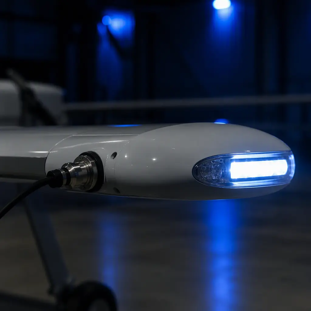 Close-up of a strobe light unit mounted on a fixed-wing UAV wingtip with a locking connector and streamlined housing, dark hangar environment with aero blue accent lighting, no people faces, no text, no logos