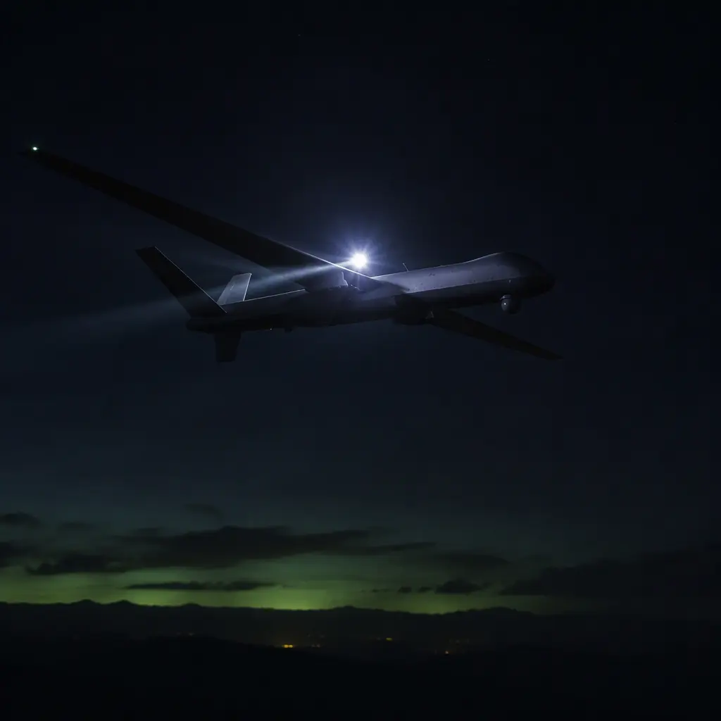 Night-time UAV flight scene with a white strobe light visible on the aircraft against a dark sky, faint green horizon glow, long exposure light trail from the flashing beacon, no people faces, no text, no logos