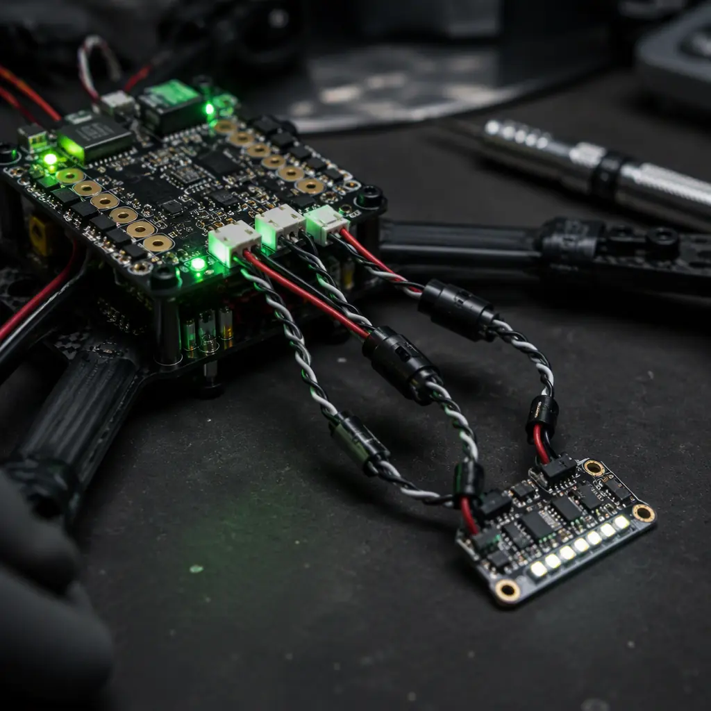 UAV power distribution board with a strobe LED driver module wired into the harness, twisted pair cabling and ferrite beads visible, dark workbench with green indicator LEDs, no people faces, no text, no logos