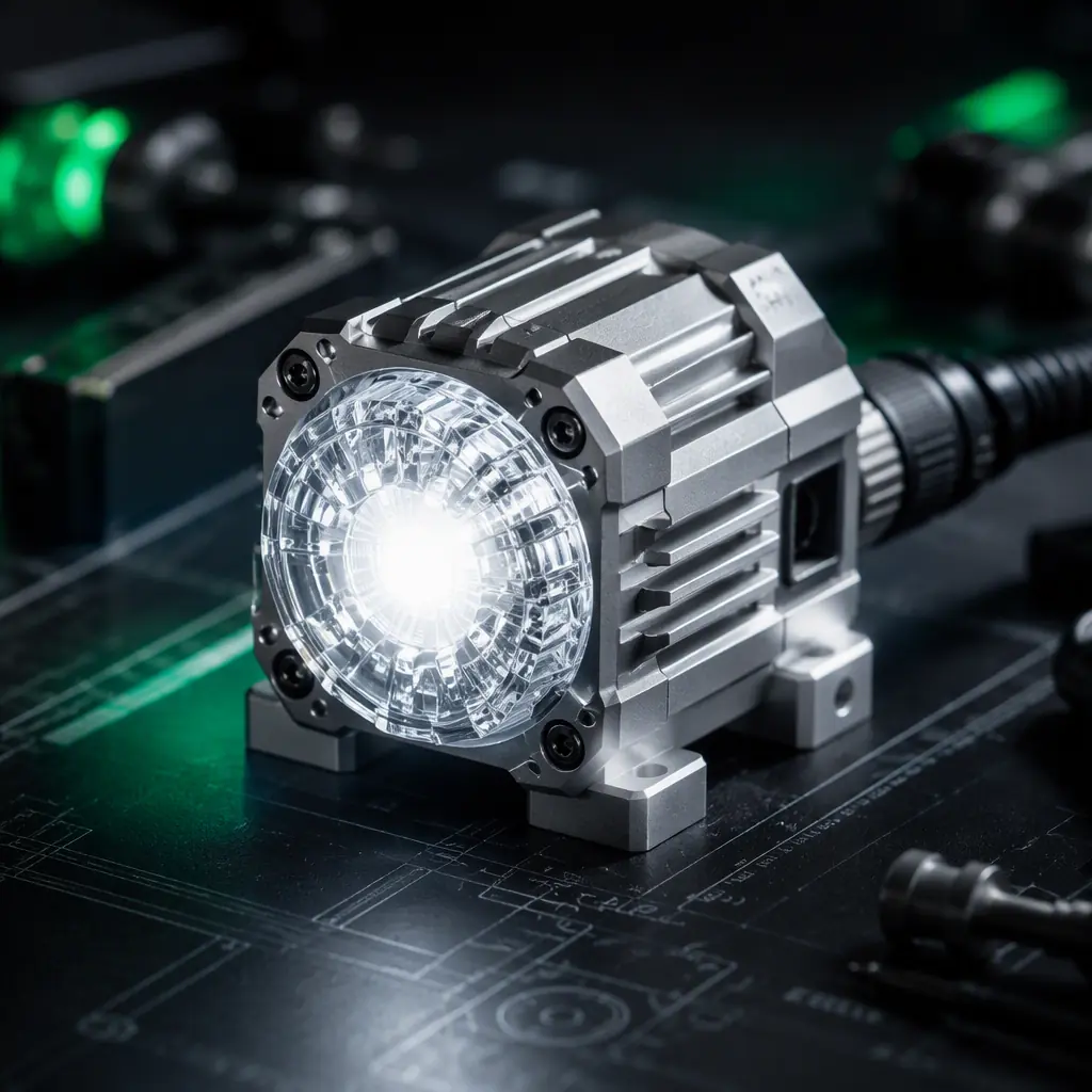 Macro photograph of a compact UAV LED strobe module with heat-sink housing and aviation-grade optics, dark engineering background with green accent glow, no people faces, no text, no logos