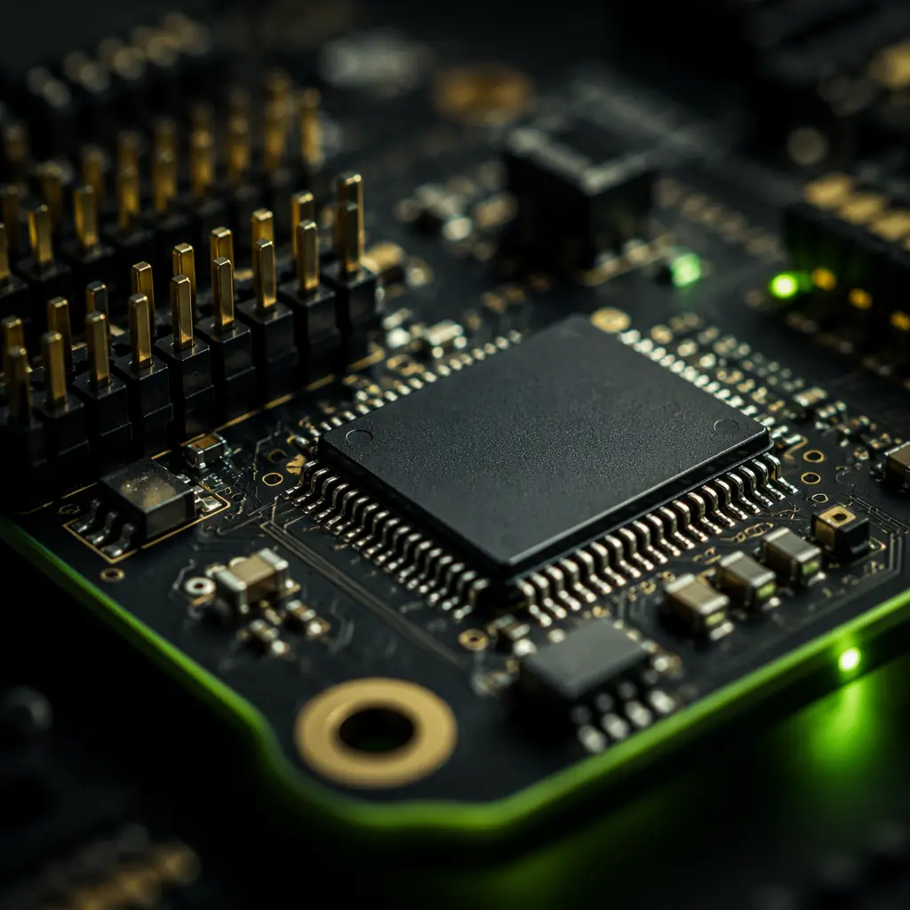 Flight controller board with STM32H7 processor and dual IMU sensors on engineering bench