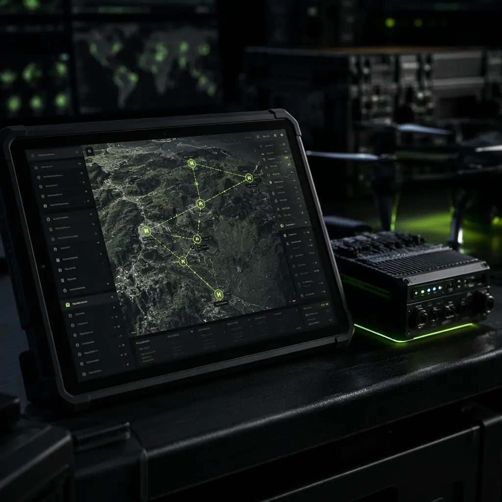 UAV mission planning interface on ground station tablet showing waypoint corridor with terrain following profile