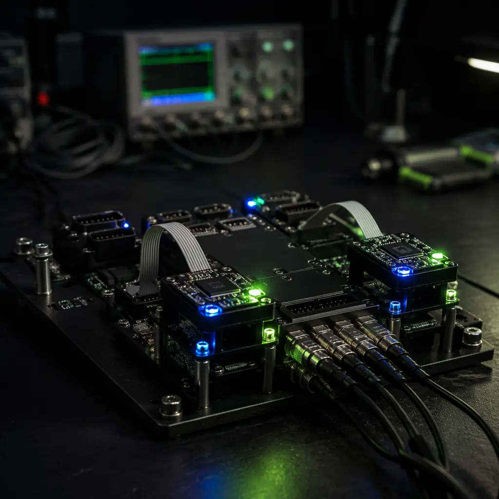 Dual-redundant IMU flight controller board with independent sensor modules and failsafe status monitoring panel