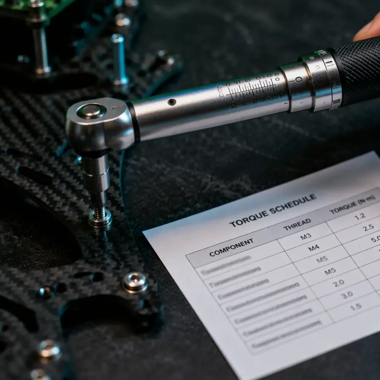Close-up photograph of a calibrated click-type torque wrench with a visible scale being applied to a stainless steel fastener on a carbon fiber UAV plate, a torque schedule sheet lying on the dark workbench beside it, teal and lime green accent light, precision workshop aesthetic, photorealistic, no people faces, no text, no logos