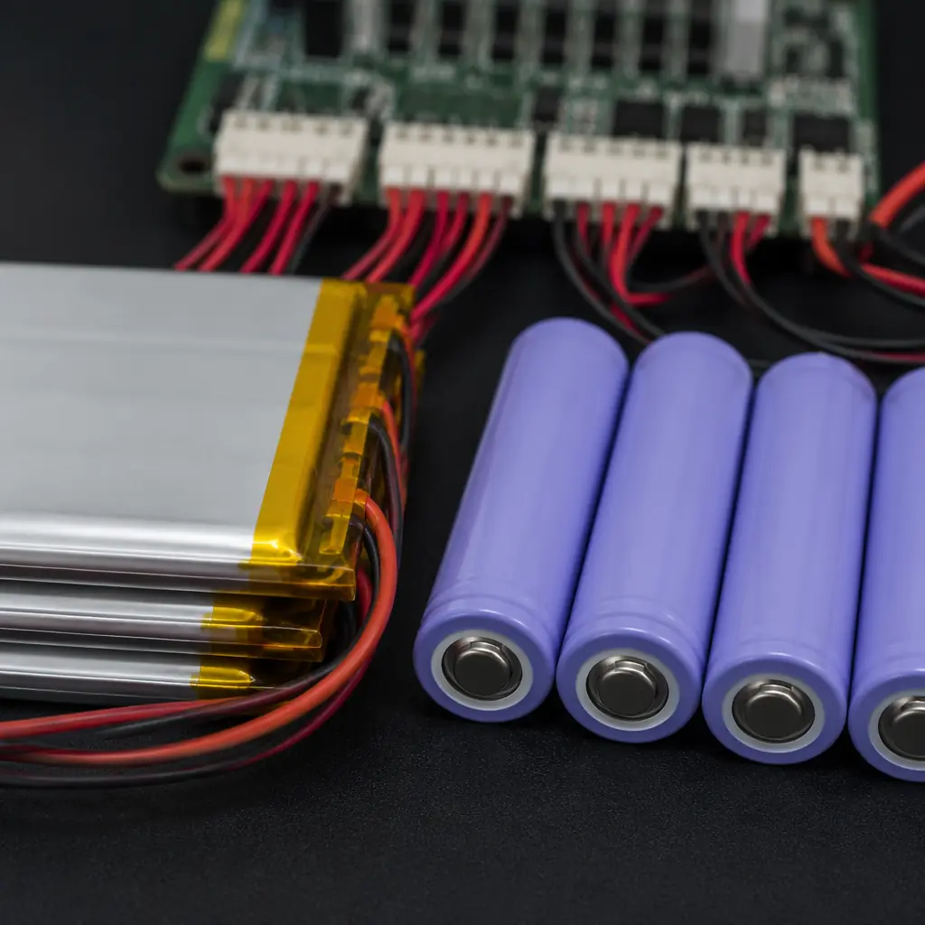 LiPo and Li-Ion 21700 cylindrical cells side by side on dark engineering bench with battery management system board