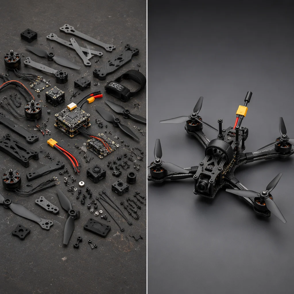 Side-by-side comparison of individual UAV components versus pre-assembled subsystem kit on engineering workbench