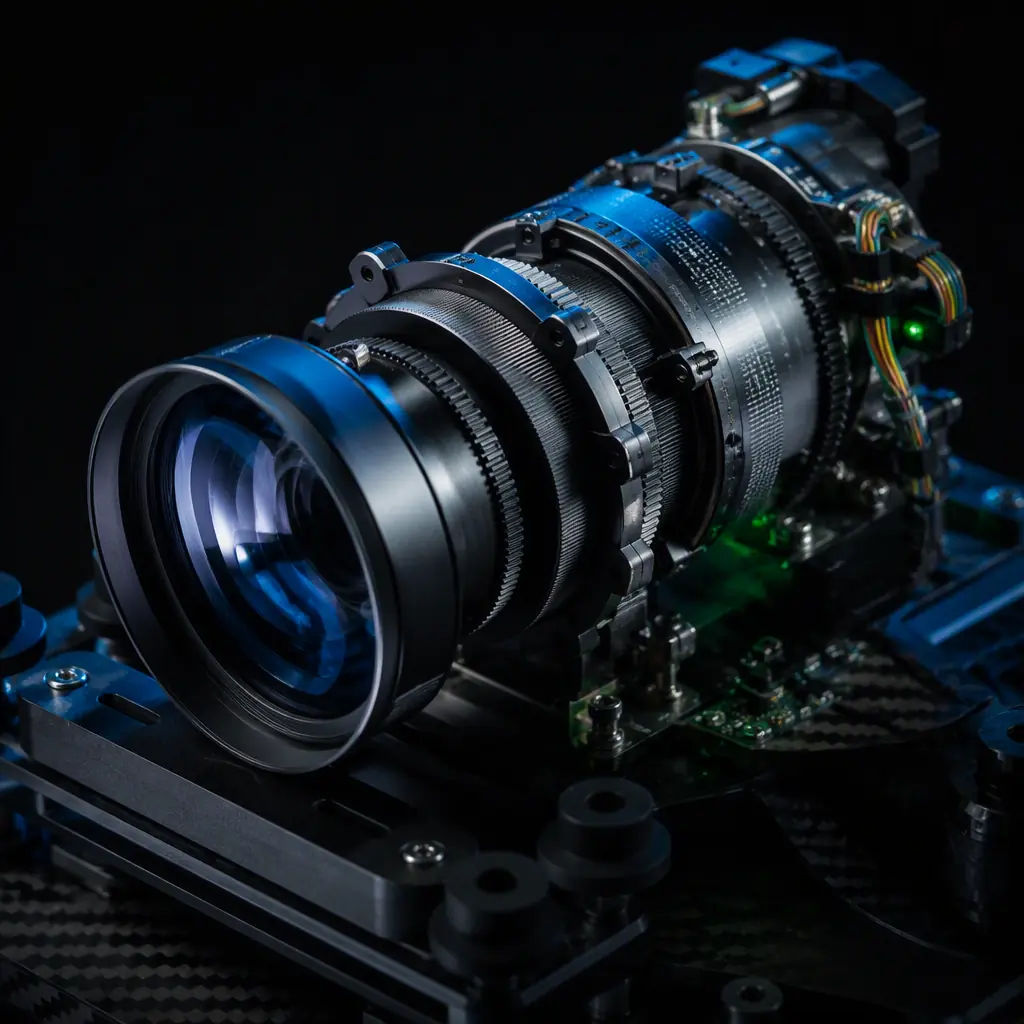UAV optical zoom lens assembly — multi-element glass lens stack with motorized zoom ring and precision barrel machining, photorealistic render on dark background with blue accent light, no people faces, no text, no logos