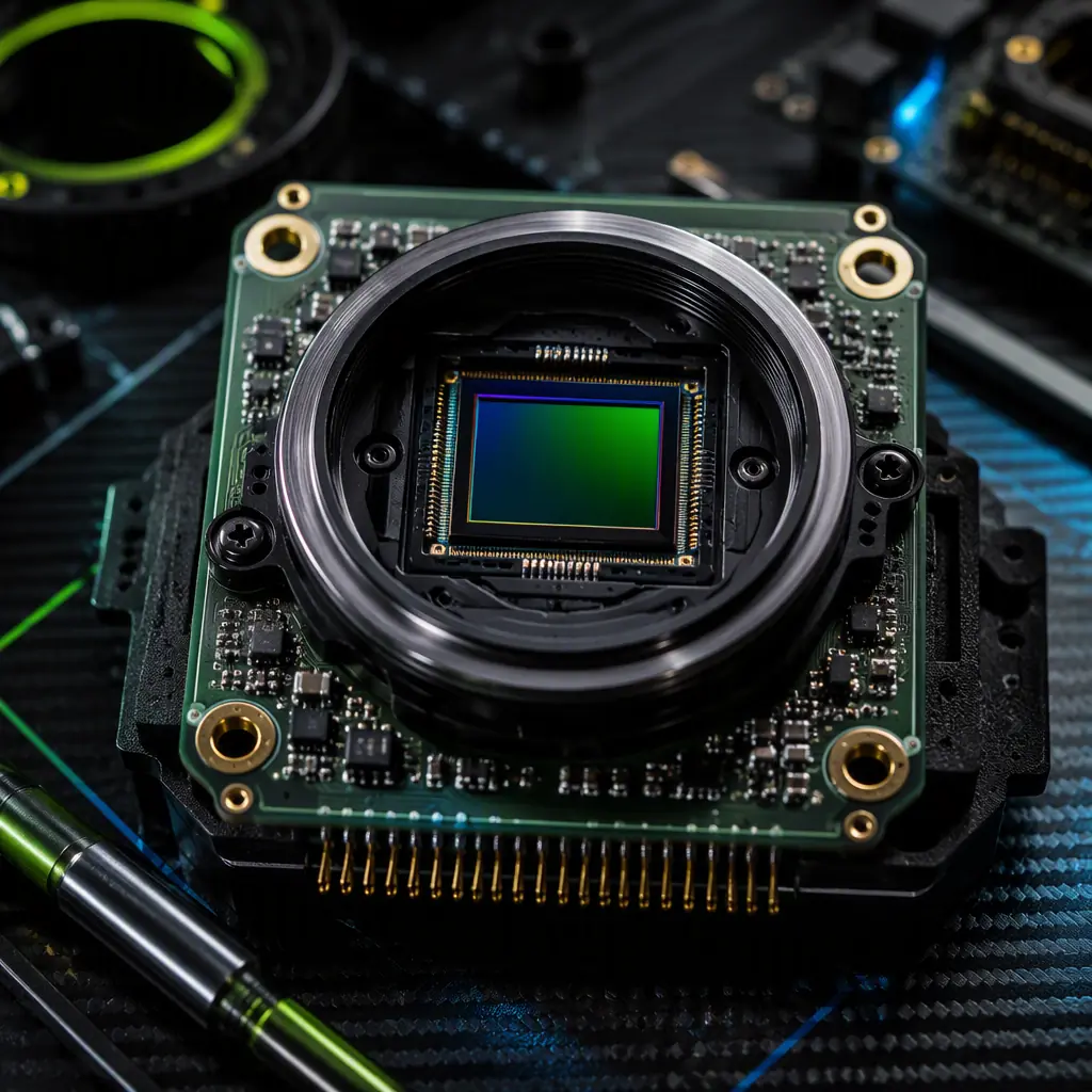 Macro photo of UAV camera image sensor module — exposed CMOS sensor die on green PCB with lens mount ring and gold pins, anti-static engineering bench, dark background with green accent light, no people faces, no text, no logos