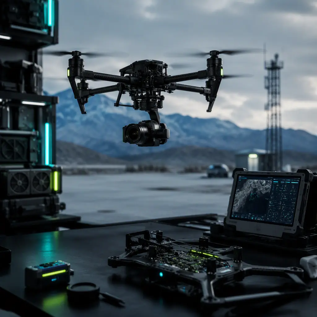 Industrial UAV hovering with stabilized camera gimbal payload during flight test — motion blur on propellers, gimbal holding camera steady, test range background at dusk, no people faces, no text, no logos