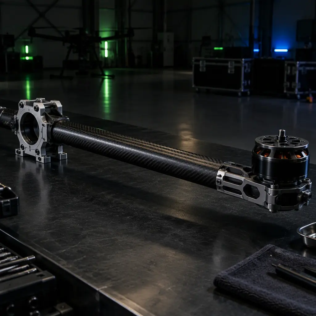 Heavy-lift multirotor drone arm boom assembly on a dark inspection bench, carbon fiber tube with a bolted saddle clamp at the root and an aluminium motor mount at the tip, green and blue accent lighting, no people faces, no text, no logos