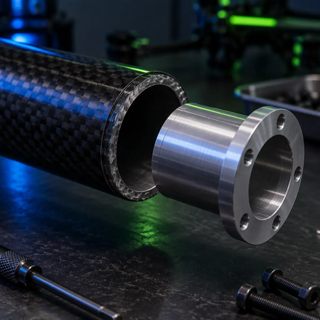 Machined aluminium insert being fitted into the bore of a carbon fiber boom tube on a dark assembly bench, visible bond surfaces and bolt holes, green and blue accent lighting, no people faces, no text, no logos