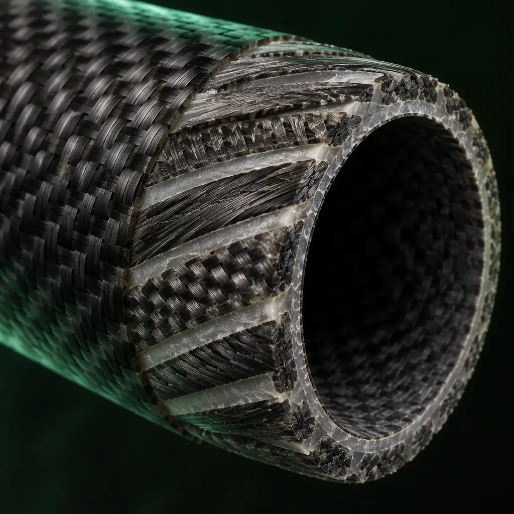 Macro cross-section render of a roll-wrapped carbon fiber tube showing distinct angled plies around a hollow mandrel bore, visible fibre weave and resin layers, dark studio background with green rim lighting, no people faces, no text, no logos