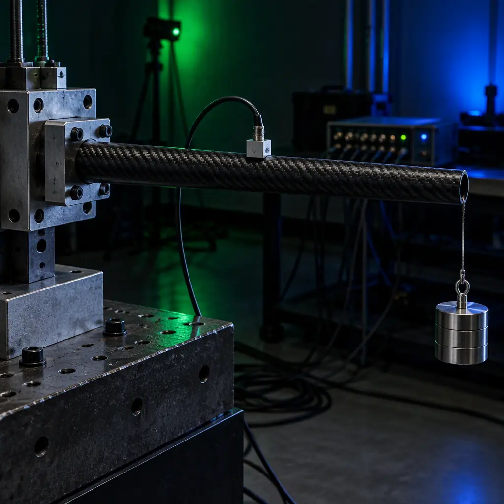 Carbon fiber drone boom tube clamped horizontally in a test fixture with a calibrated mass hanging from its free tip and an accelerometer bonded to the tube, dark vibration test laboratory with green and blue accent lighting, no people faces, no text, no logos