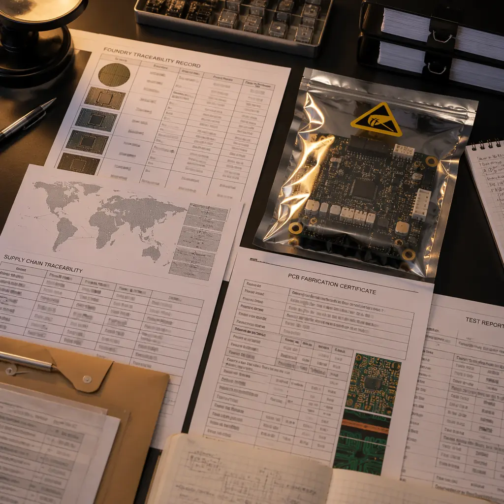 NDAA compliance documentation package with semiconductor foundry traceability records and PCB fabrication certificates, dark engineering desk with UAV flight controller in anti-static packaging