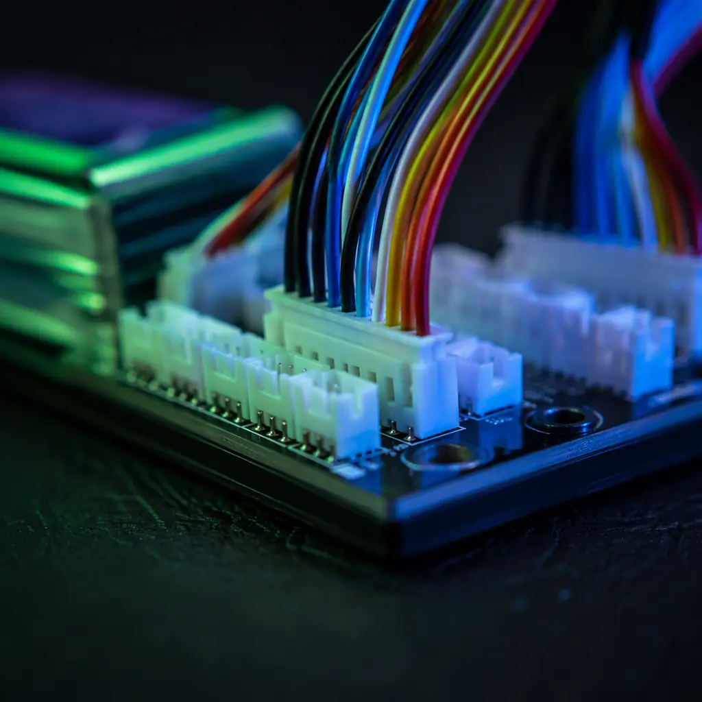 Macro photograph of a LiPo battery balance lead connector and balance board on a dark workbench, precision engineering, green and blue accent lighting, no people faces, no text, no logos