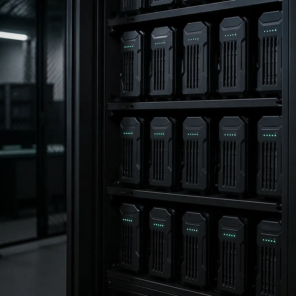 Photograph of a professional UAV fleet charging bay with multiple battery packs in individual slots and status displays on a dark rack, industrial design, green LED indicators, no people faces, no text, no logos