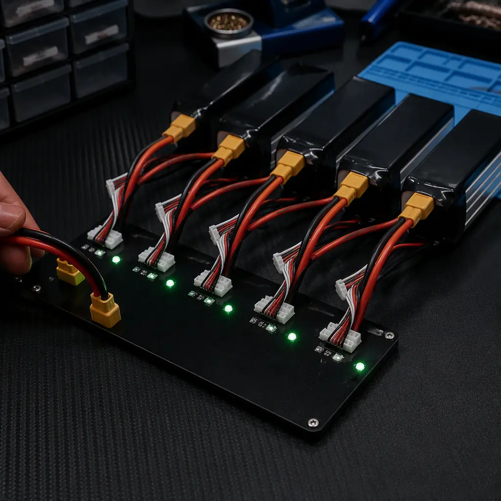 Photograph of a parallel charging board with multiple LiPo battery packs connected on a dark workbench, professional workshop lighting, green LED indicators, no people faces, no text, no logos