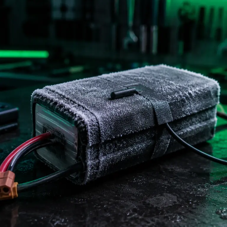 Macro photograph of a UAV lithium battery wrapped in an insulated heating pad with a temperature sensor lead, frost forming on the outer wrap, cold dark workshop, green accent lighting, no people faces, no text, no logos