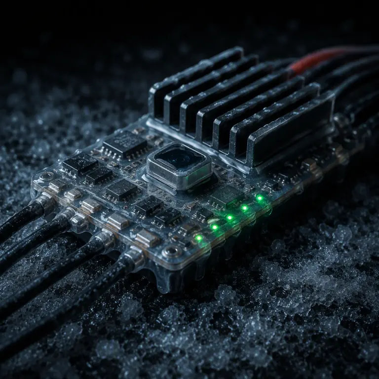 Macro photograph of a UAV ESC with conformal coating visible on the circuit board, thermal sensor and heat sink, resting on a cold frosted surface, dark environment, green LED indicators, no people faces, no text, no logos