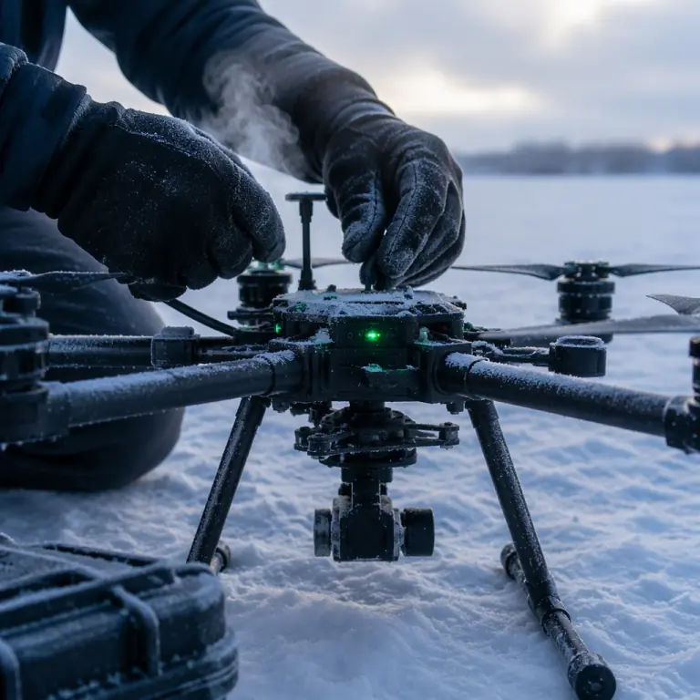 Photograph of gloved hands preparing a multirotor UAV on a snowy field, frost on the airframe, drone status LEDs glowing green, breath vapor in the cold air, no people faces, no text, no logos